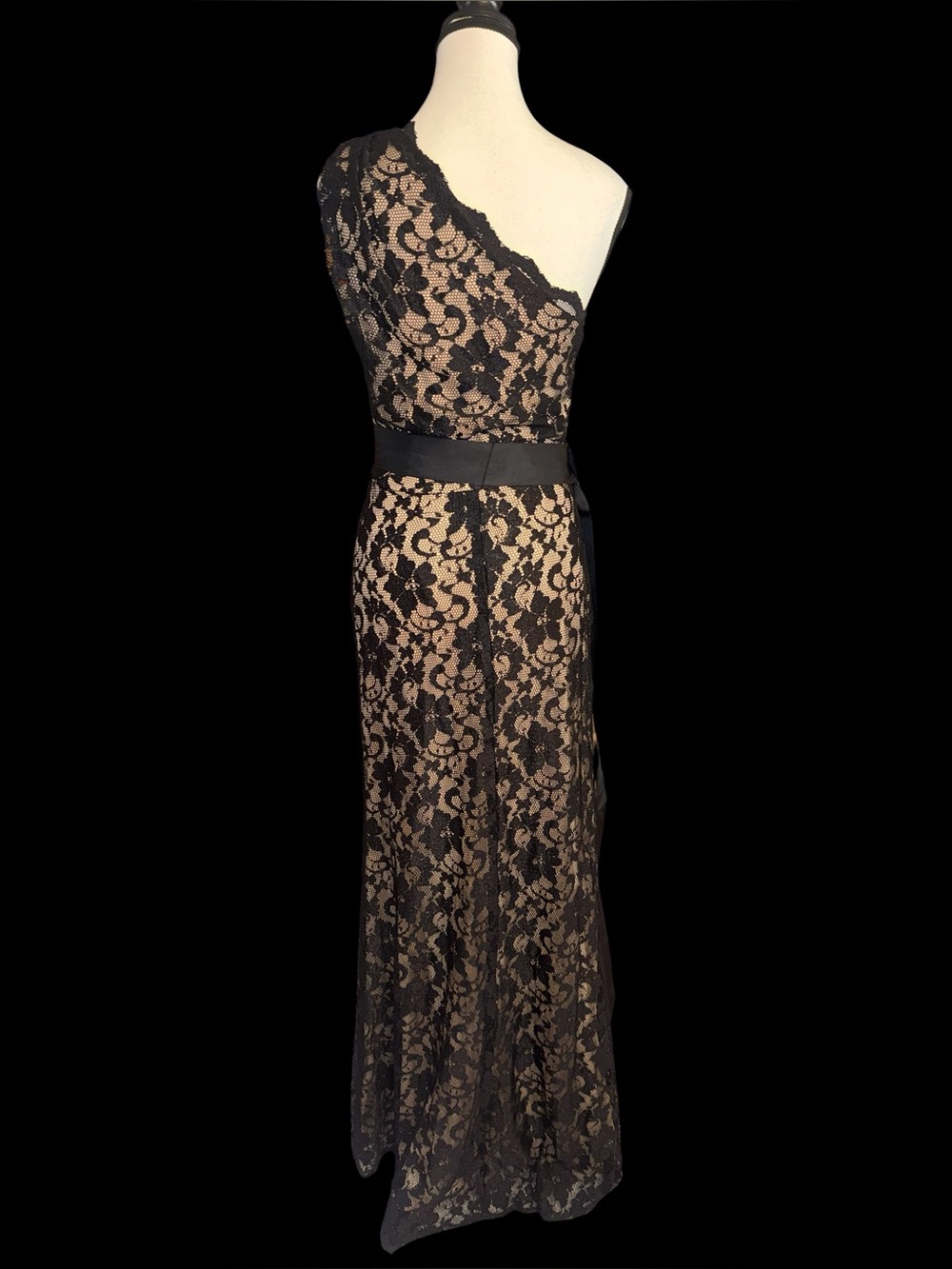 Betsy & Adam Black Lace One Shoulder Evening Dress Size 4 - Picture 3 of 5